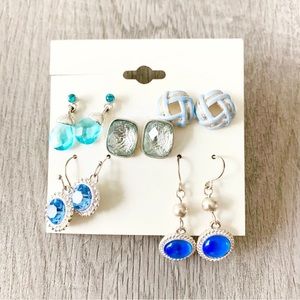 5 pair of earrings, silver with a variety shades of blue, new, from Kohls